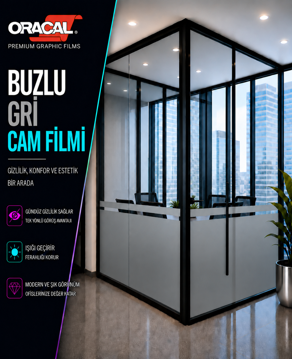 Buzlu şeritli buzlu ofis cam filmi - 120cm yükseklikte