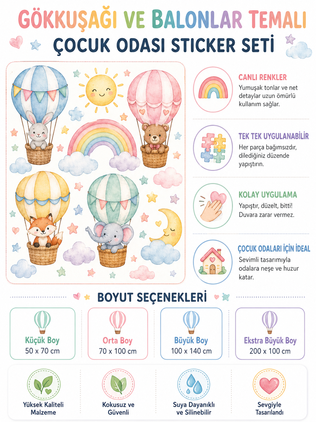 Gökkuşağı Balon temalı çocuk odası sticker seti
