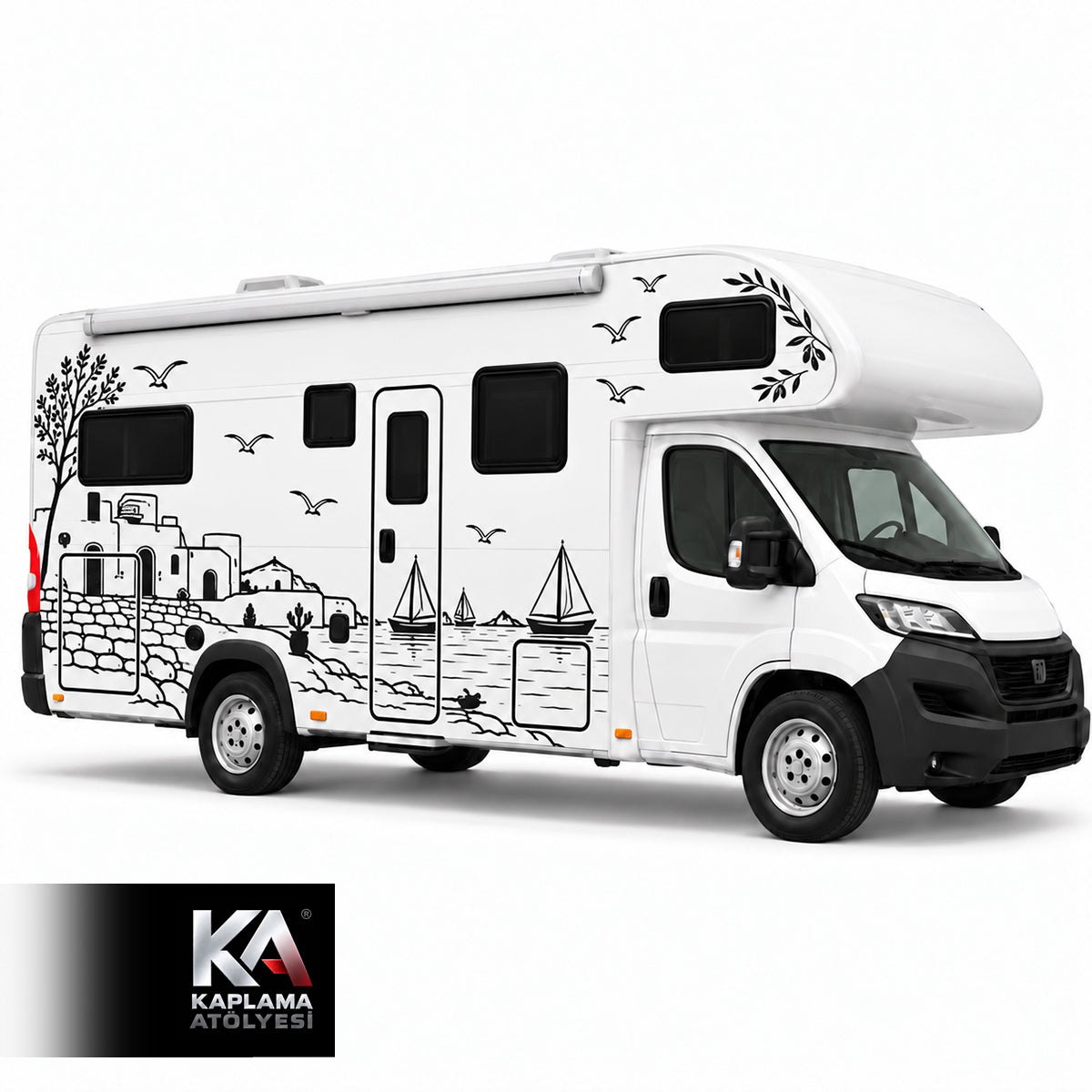 Deniz Kenarı Bodrum Temalı – Alkovenli Motokaravan Kaplama Folyosu