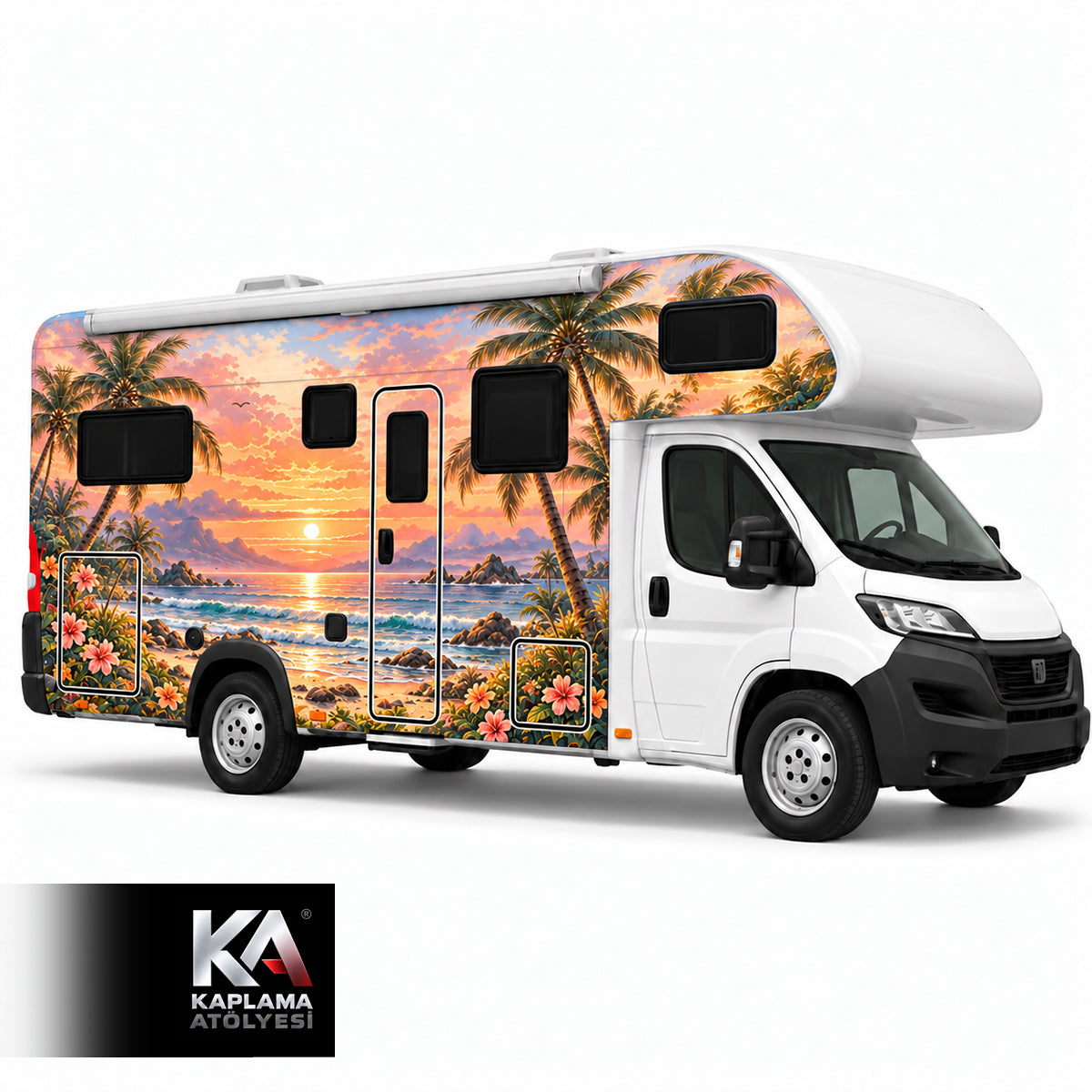 Palmiyeli Gün Batımı – Alkovensiz Motokaravan Kaplama Folyosu