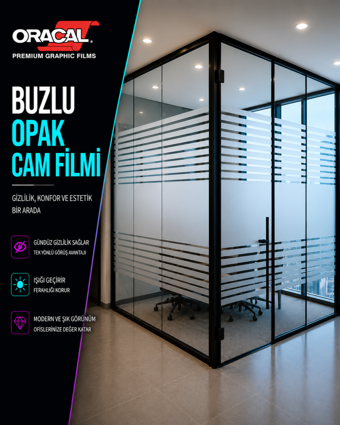 Buzlu şeritli ofis cam filmi