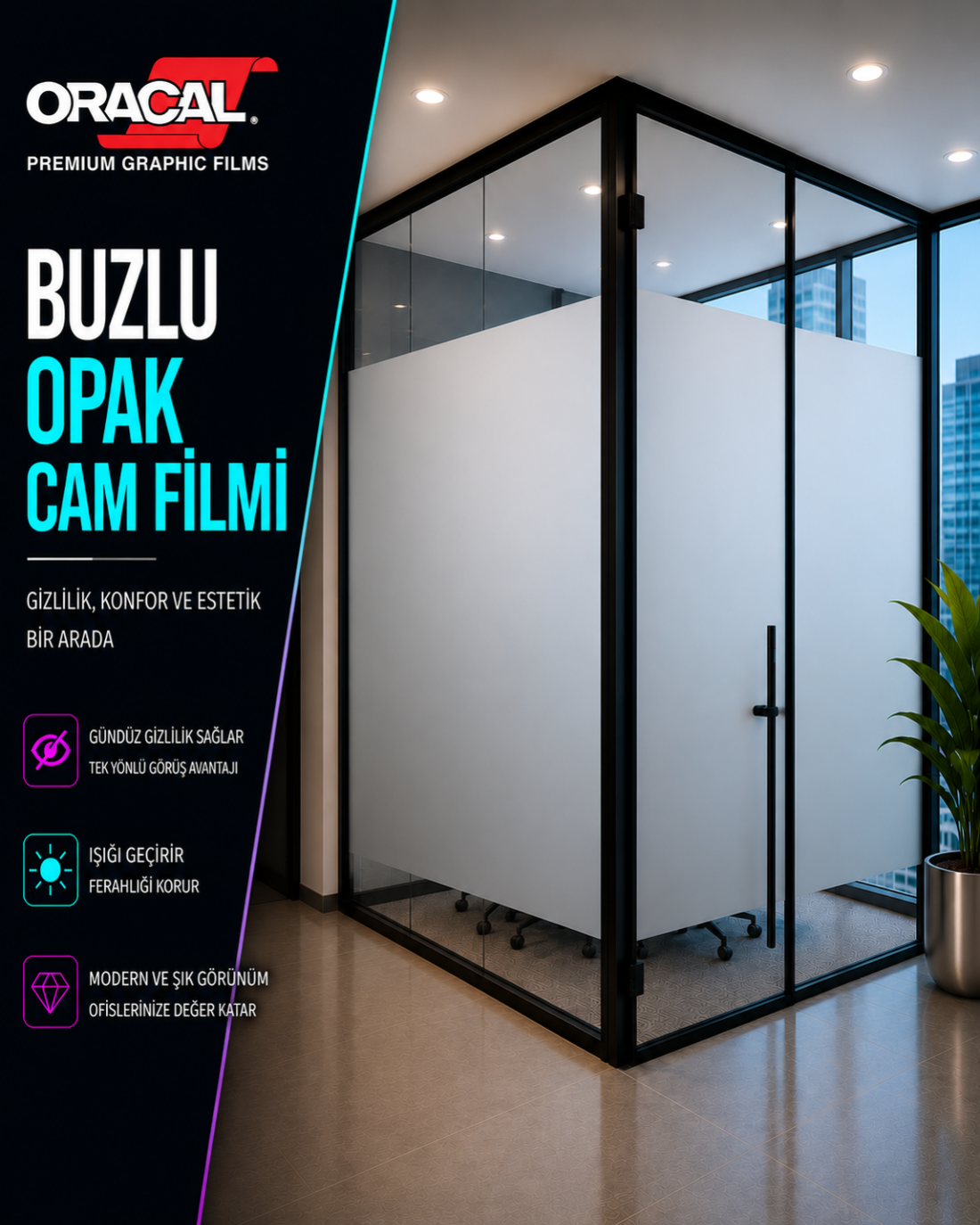 Buzlu şeritli ofis cam filmi
