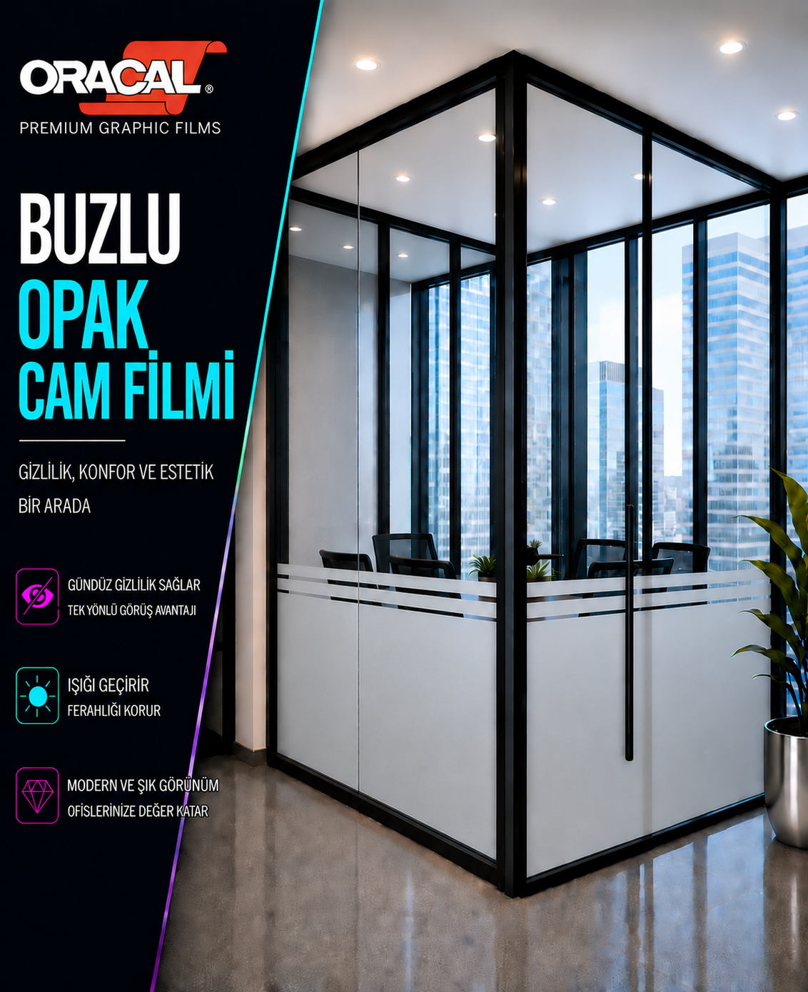 Buzlu şeritli buzlu ofis cam filmi - 120cm yükseklikte