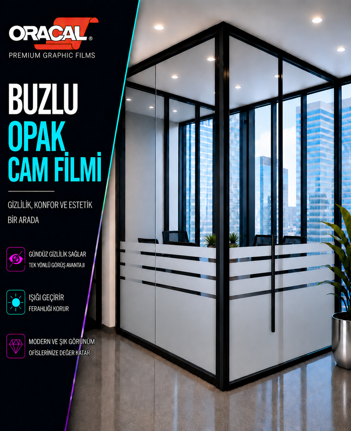 Buzlu şeritli buzlu ofis cam filmi - 120cm yükseklikte