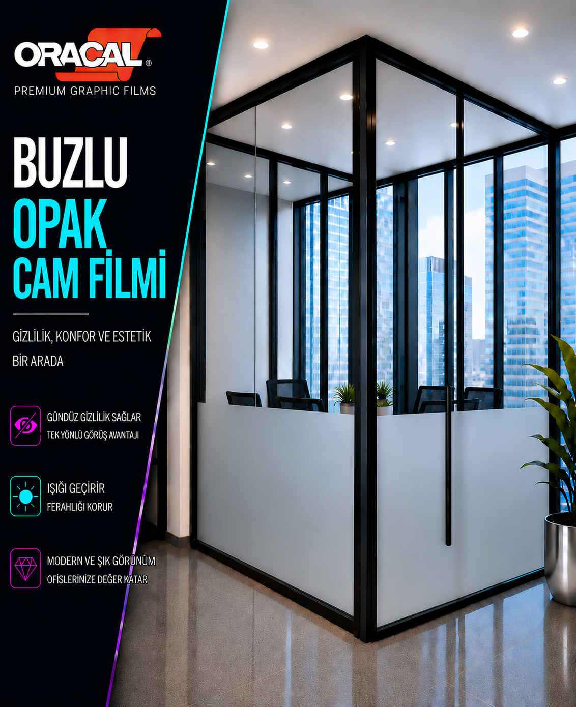 Buzlu şeritli ofis cam filmi - 120cm yükseklikte