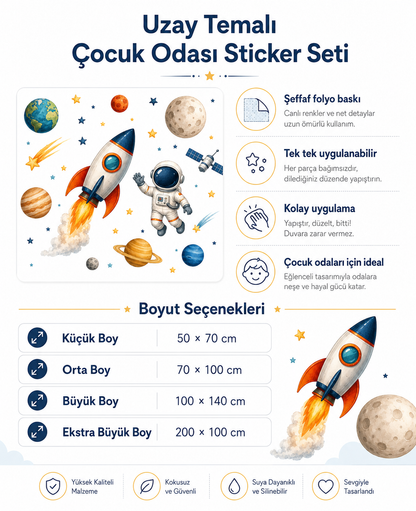 Uzay temalı çocuk odası sticker seti