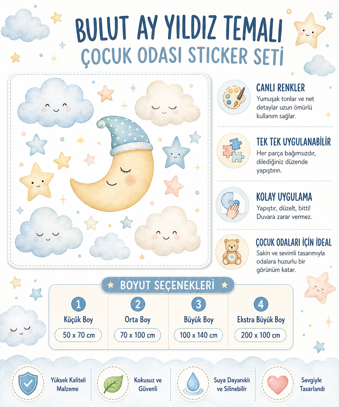 Bulut ay yıldız temalı çocuk odası sticker seti