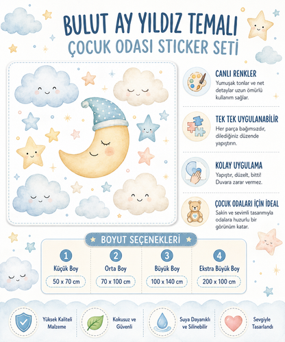 Bulut ay yıldız temalı çocuk odası sticker seti
