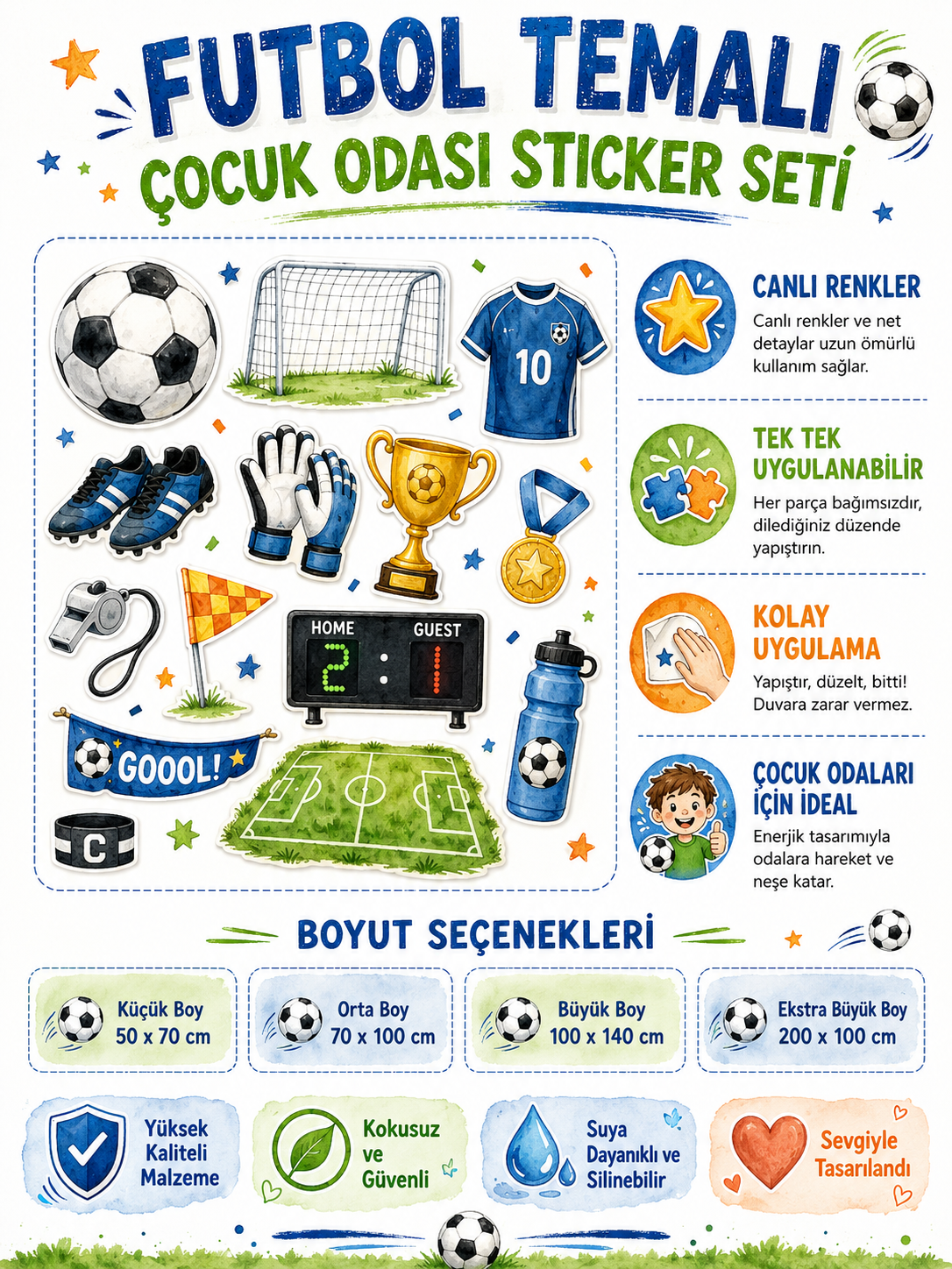 Futbol temalı çocuk odası sticker seti
