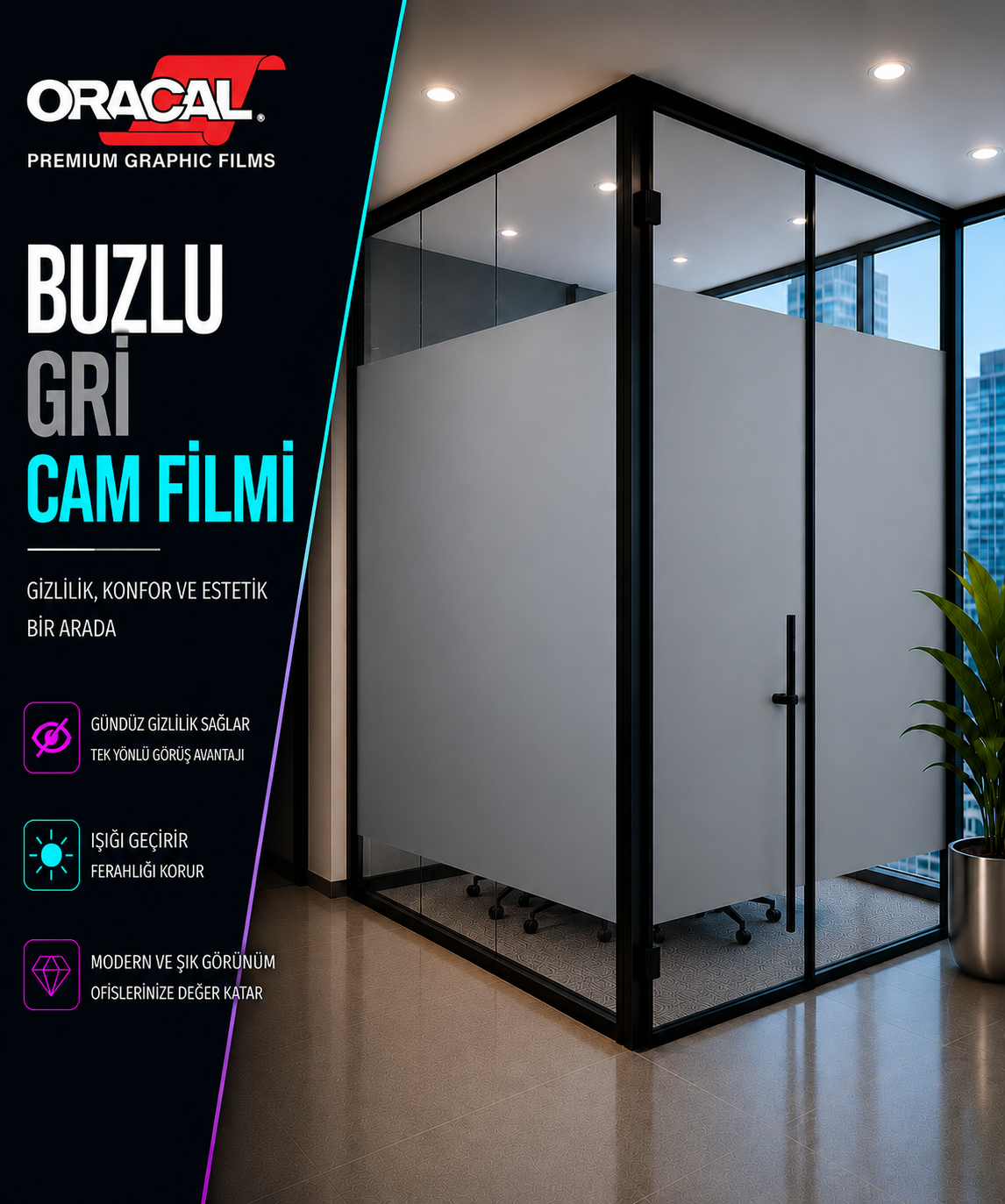 Buzlu şeritli ofis cam filmi
