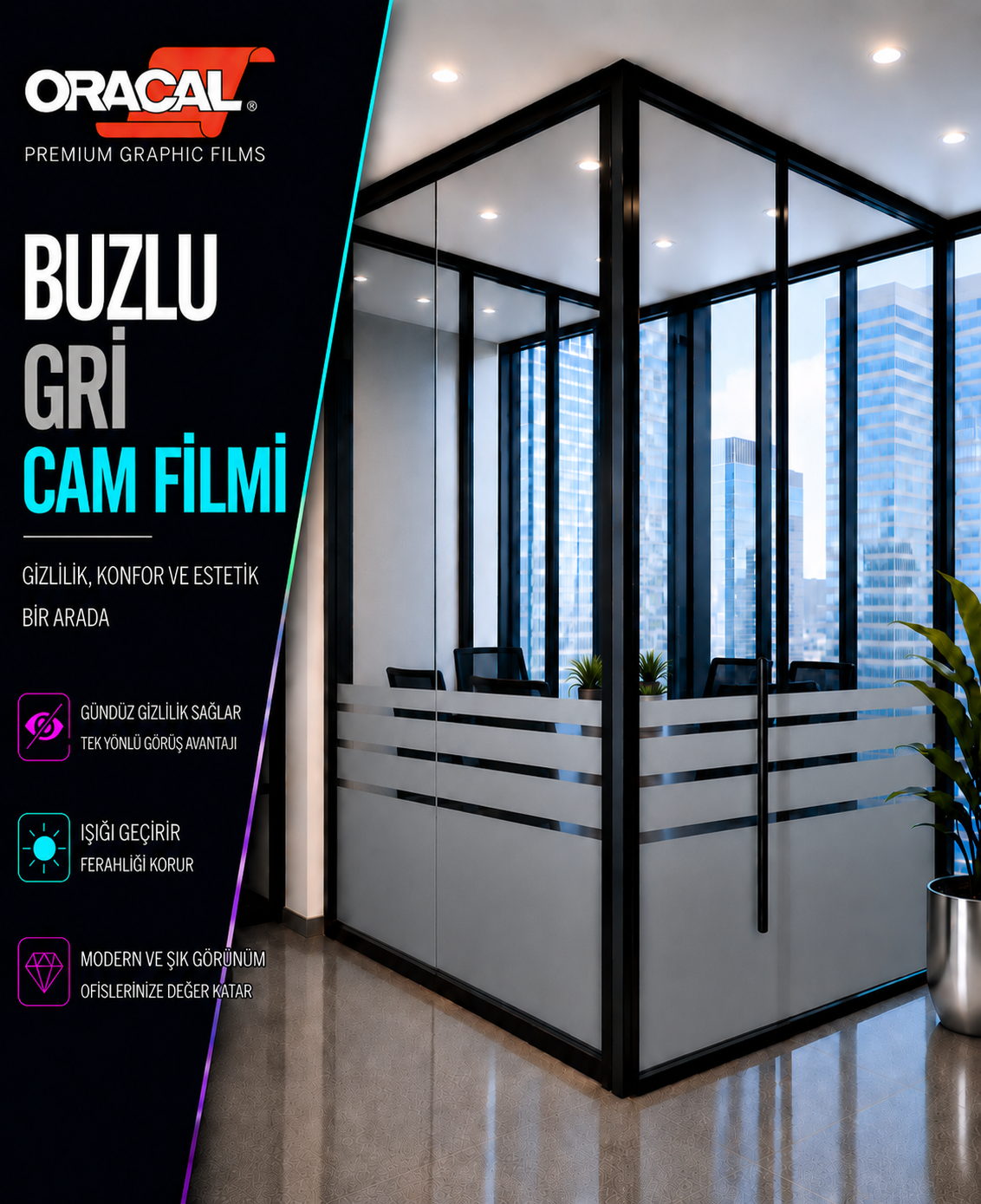 Buzlu şeritli buzlu ofis cam filmi - 120cm yükseklikte