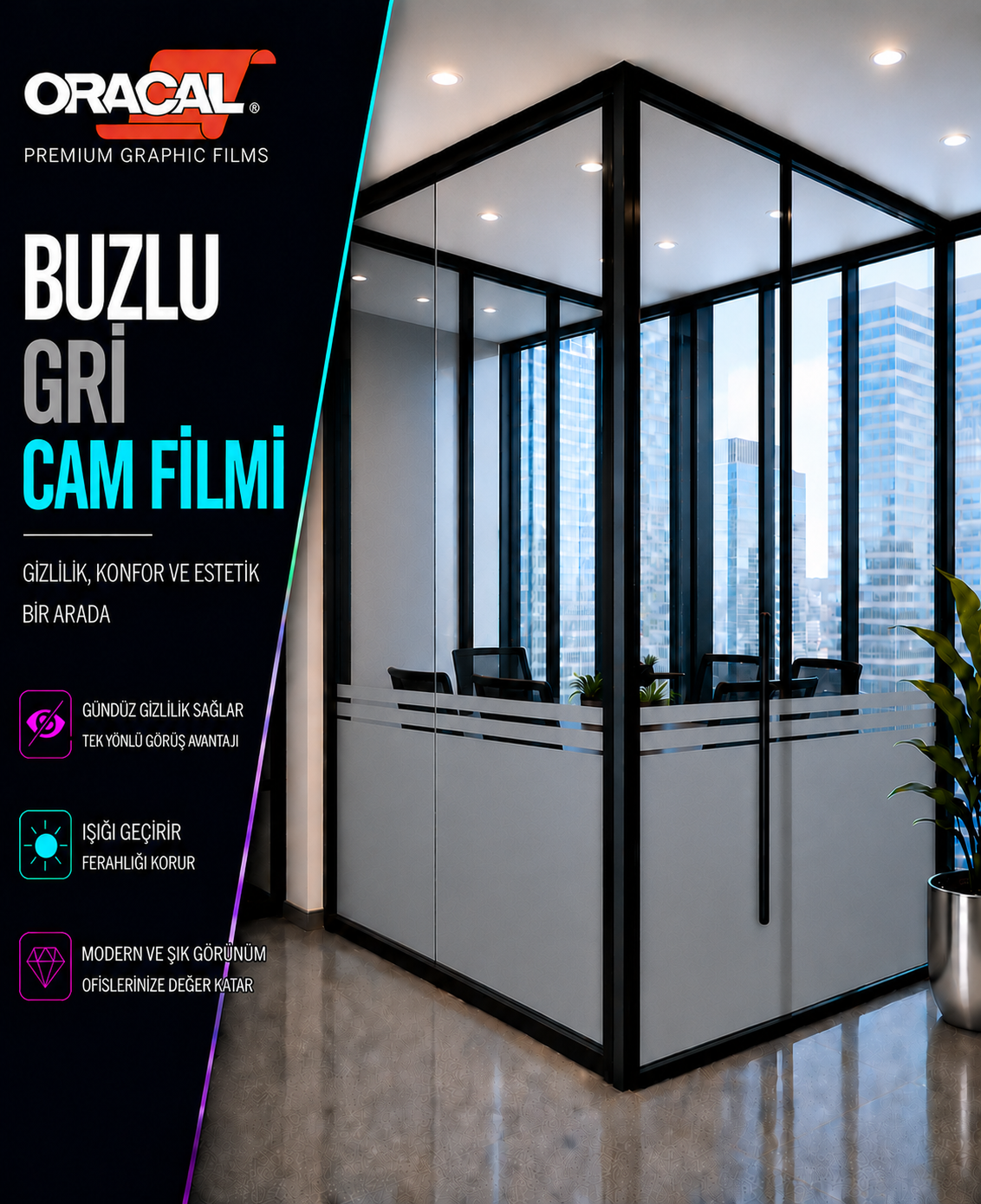 Buzlu şeritli buzlu ofis cam filmi - 120cm yükseklikte