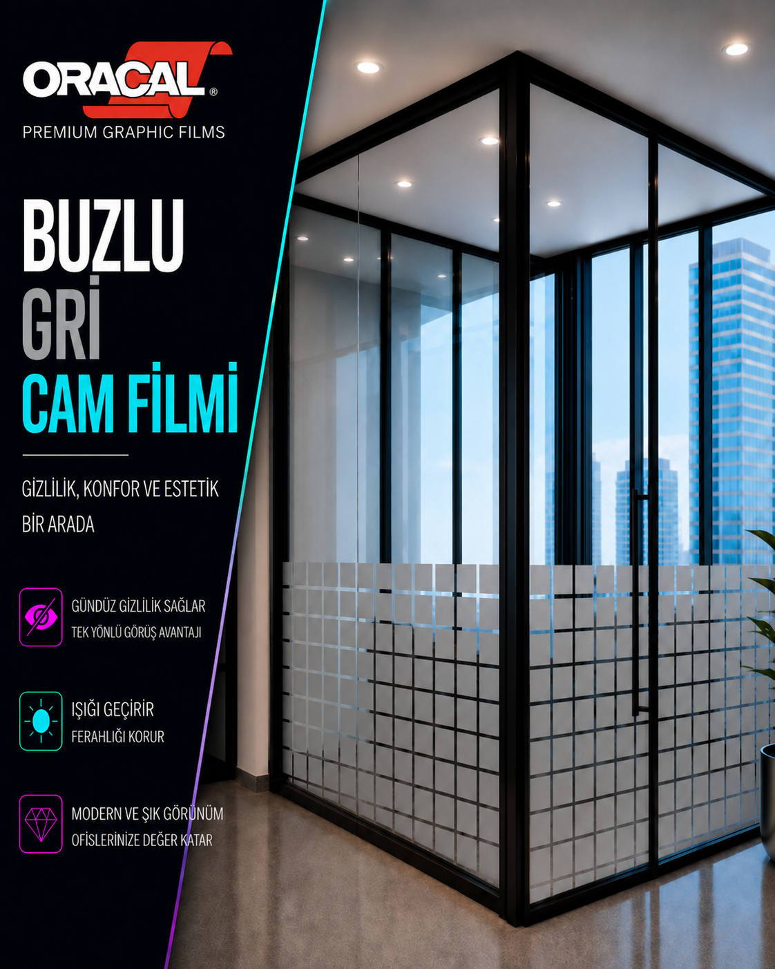 Buzlu kareli buzlu ofis cam filmi - 120cm yükseklikte
