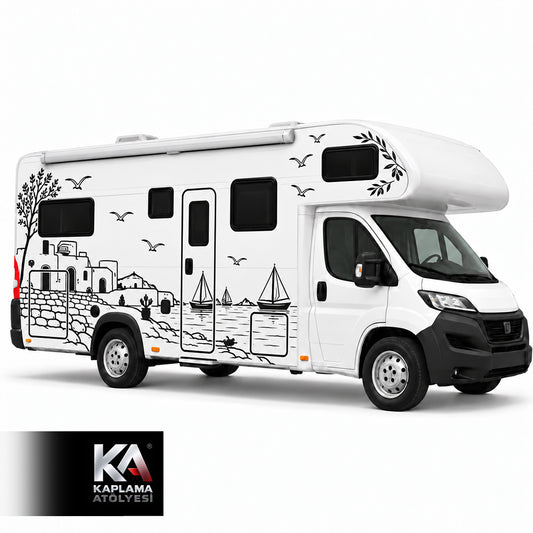 Deniz Kenarı Bodrum Temalı – Alkovenli Motokaravan Kaplama Folyosu