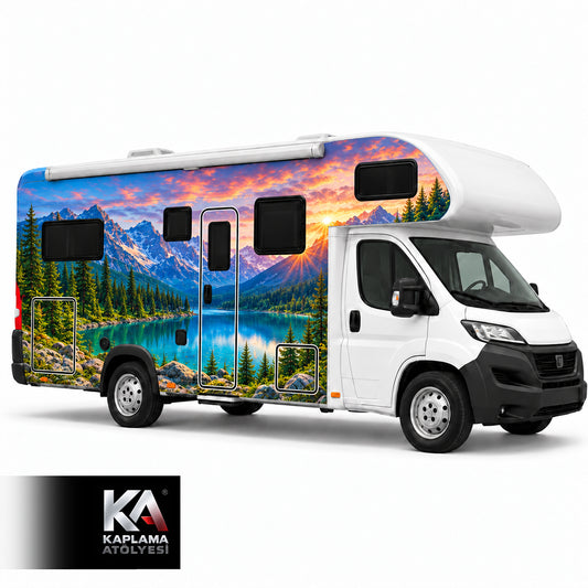 Turkuaz Dağ Gölü Manzaralı – Alkovenli Motokaravan Kaplama Folyosu