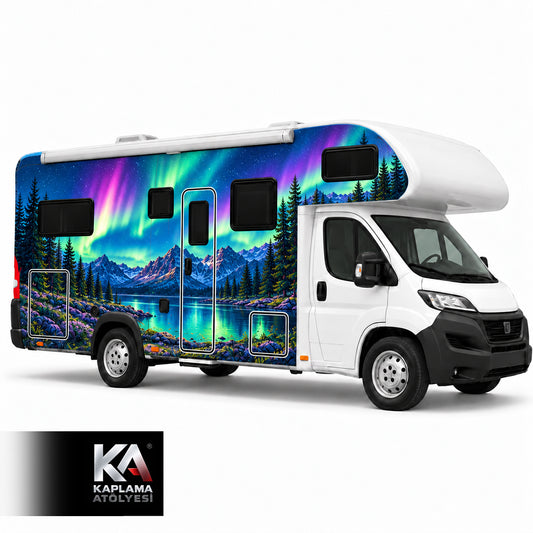 Kuzey Işıkları Manzaralı – Alkovenli Motokaravan Kaplama Folyosu