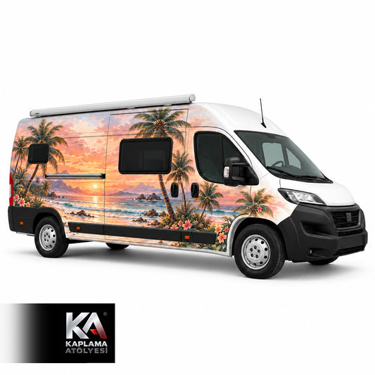Palmiyeli Gün Batımı – Motokaravan Kaplama Folyosu