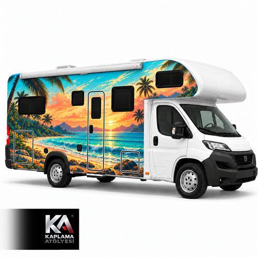 Tropikal Günbatımı Manzaralı – Alkovenli Motokaravan Kaplama Folyosu