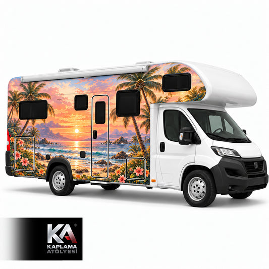 Palmiyeli Gün Batımı – Alkovensiz Motokaravan Kaplama Folyosu