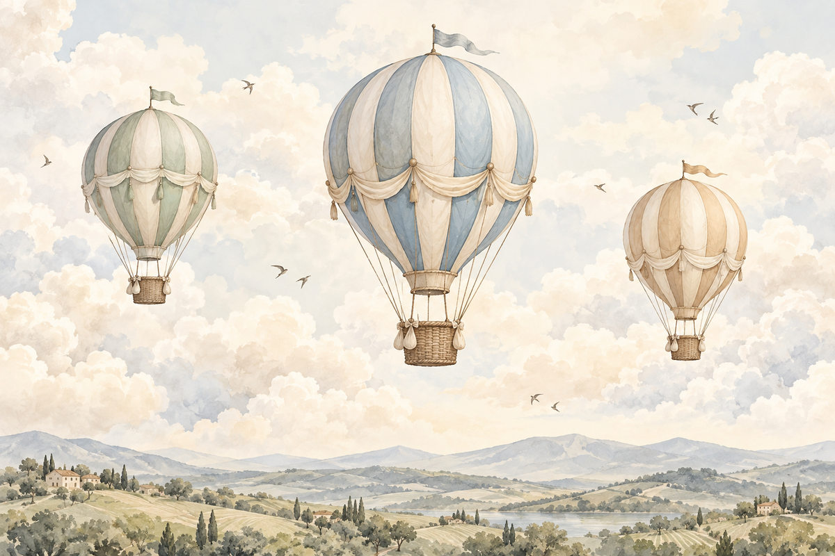 Pastel Balon Yolculuğu – Sıcak Hava Balonlu Çocuk Odası Duvar Posteri