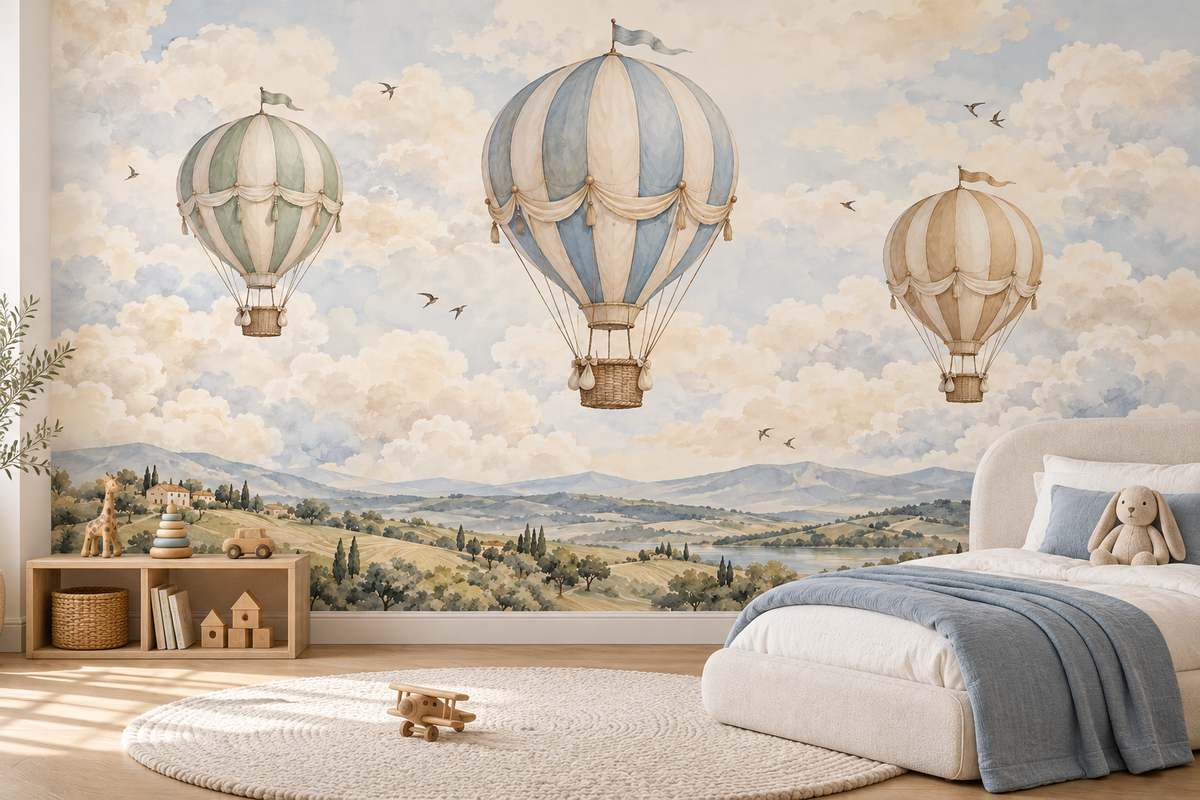 Pastel Balon Yolculuğu – Sıcak Hava Balonlu Çocuk Odası Duvar Posteri