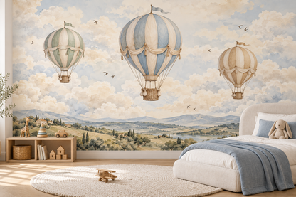 Pastel Balon Yolculuğu – Sıcak Hava Balonlu Çocuk Odası Duvar Posteri